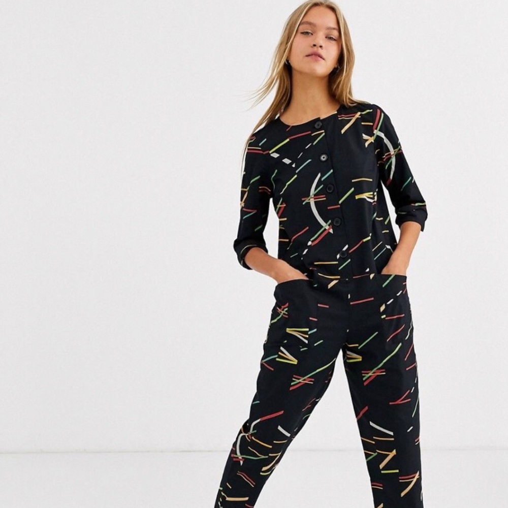 ASOS long sleeved jumpsuit multi colored geo print